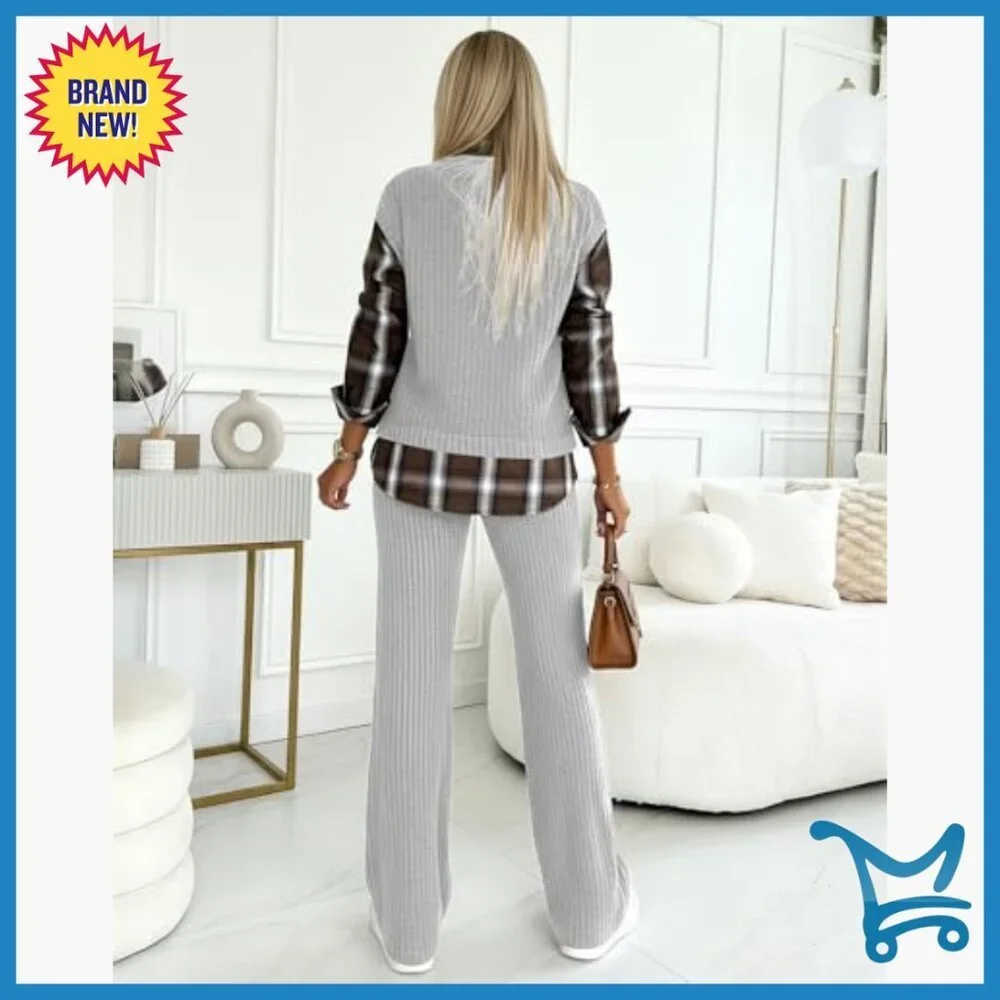 Ribbed Long Sleeve Top and Pants Set, Polyester Blend, X-Large